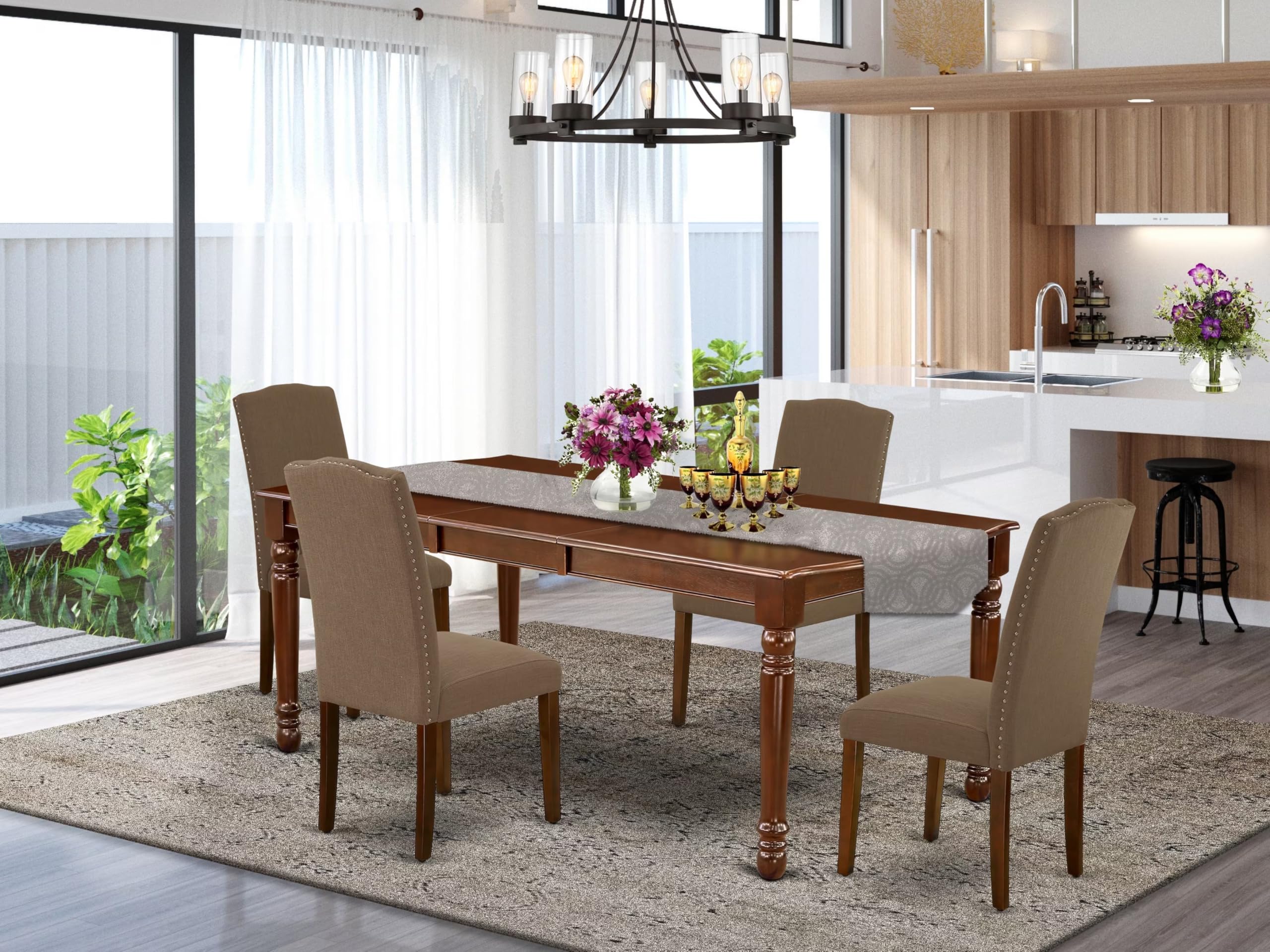East West Furniture Doen5-Mah-18 5 Piece Dinette Set Includes A Rectangle Dining Room Table With Butterfly Leaf And 4 Dark Coffee Linen Fabric Parson Dining Chairs, 42X78 Inch, Mahogany